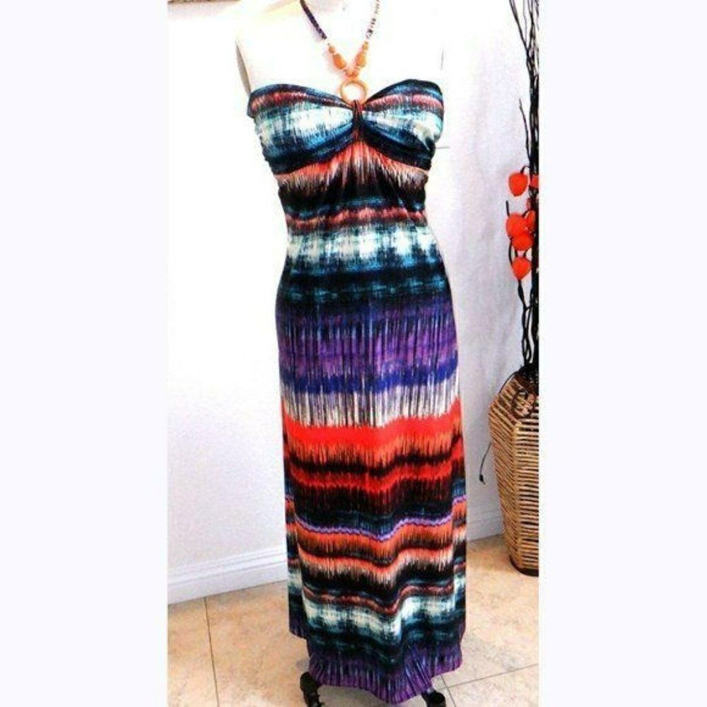 Sunset color halter maxi orange bead dress